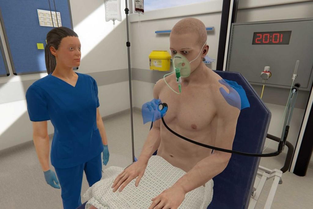 虚拟现实模拟显示护士正在给病人做心脏检查